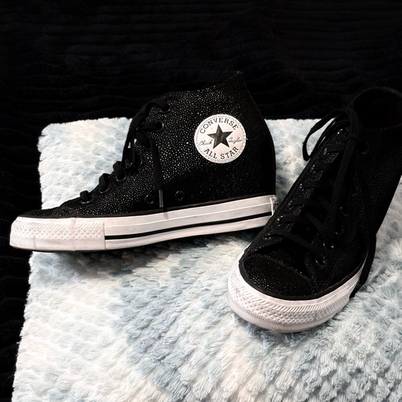 Converse Women's Sparkly Black Hidden Heel Mid Top Wedges - Picture 1 of 5